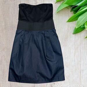 Aqua Mini Dress Women's Small Black Blue Chambray Double Textured Strapless